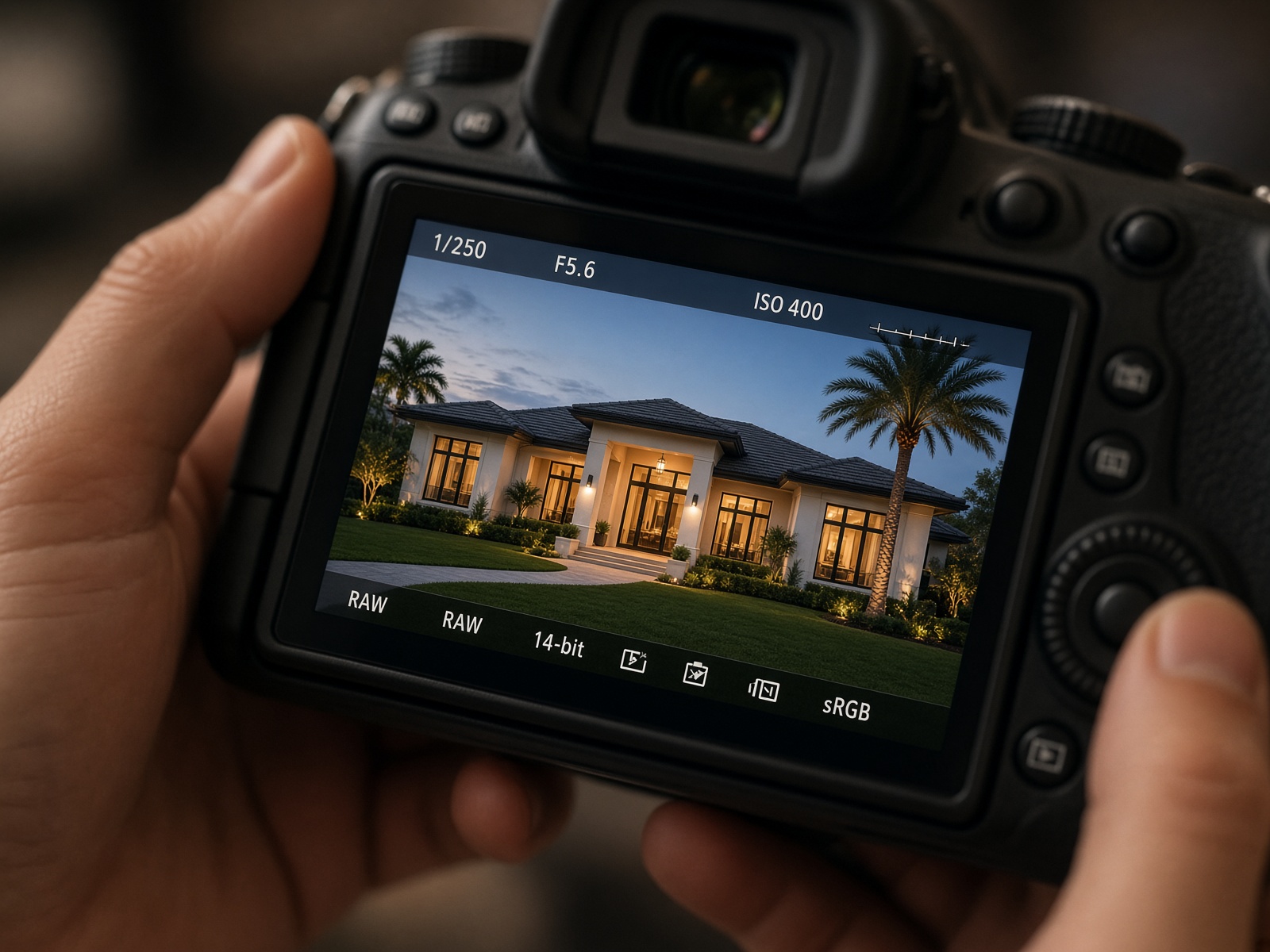 Professional photography of a luxury home on a camera screen