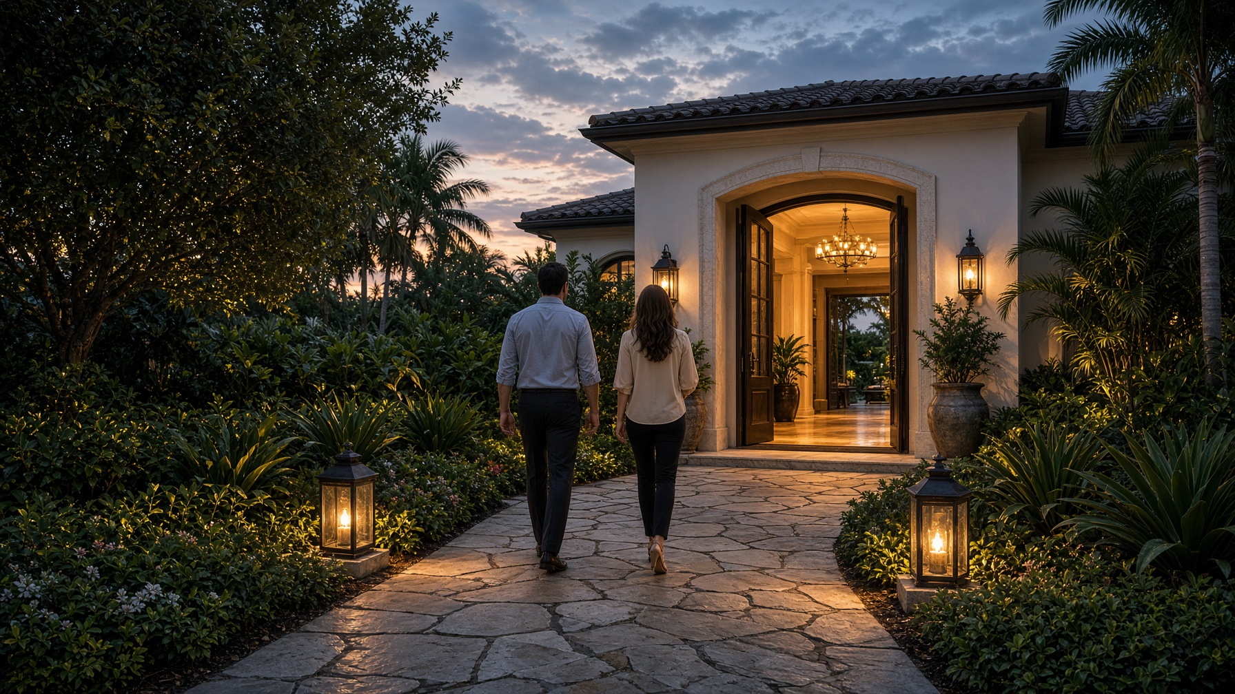 Guests walking toward a warmly lit luxury home at dusk